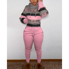 Colorblock Striped Print Long Sleeve Hoodie & Pants Set - pink