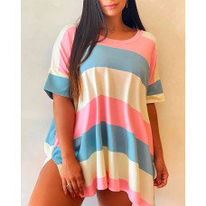 Colorblock Striped Print Slit Hem Casual T-shirt - Multicolor