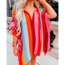 Colorblock Striped Print Split Hem Top - Multicolor