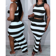 Colorblock Striped Round Neck Top & High Slit Skirt Set - blackwhite