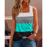 Colorblock Striped Ruched Buttoned Tank Top - Multicolor