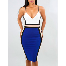 Colorblock Striped Spaghetti Strap Midi Dress - blue