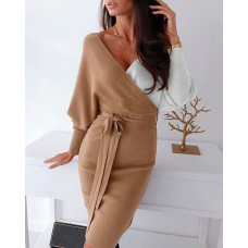 Colorblock Surplice Wrap Batwing Sleeve Ribbed Dress - khaki