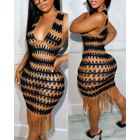 Colorblock Tassel Design Crochet Cover Up Dress - black