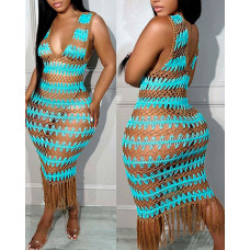 Colorblock Tassel Design Crochet Cover Up Dress - sky blue