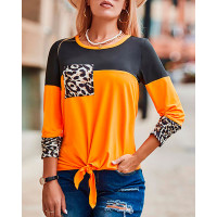 Colorblock Tied Detail Long Sleeve Top - orange