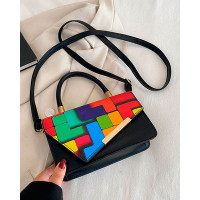 Colorblock Top Handle Flap Satchel Bag - black