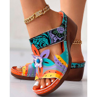 Colorblock Tribal Floral Pattern Wedge Slippers - orange