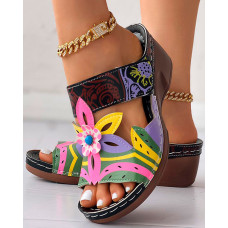 Colorblock Tribal Floral Pattern Wedge Slippers - pink