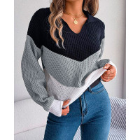 Colorblock Turn-down Collar Sweater - light gray