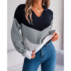 Colorblock Turn-down Collar Sweater - light gray