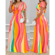 Colorblock V-Neck Bell Sleeve Maxi Dress - Multicolor