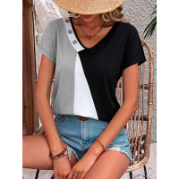 Colorblock V-Neck Short Sleeve Buttoned Top - gray