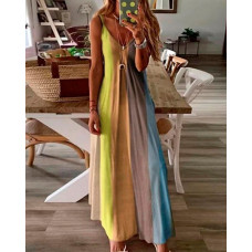 Colorblock V-Neck Spaghetti Strap Maxi Dress - yellow