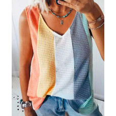 Colorblock V-Neck Waffle Knit Tank Top - orange