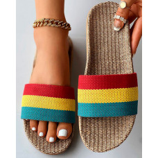 Colorblock Wide Strap Linen Slippers - Multicolor