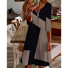 Colorblock Zip Detail Long Sleeve Casual Dress - black