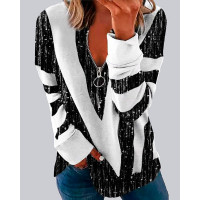 Colorblock Zip Detail Long Sleeve Print Top - black