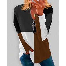 Colorblock Zip Detail Long Sleeve Top - coffee