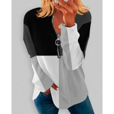 Colorblock Zip Detail Long Sleeve Top - gray