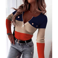 Colorblock Zip Front Long Sleeve Ribbed Top - orange