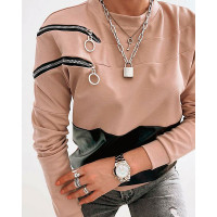 Colorblock Zipper Decor O-Neck Top - khaki