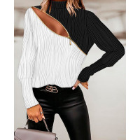 Colorblock Zipper Design Textured Top - white