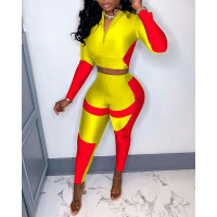 Colorblock Zipper Design Top & High Waist Pants Set - yellow