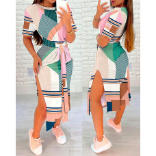 ColorblockВ Striped Tied Detail Slit Casual Dress - Multicolor