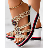 Colorful Beaded Braided Wedge Sandals - beige