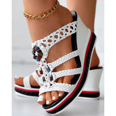 Colorful Beaded Braided Wedge Sandals - white