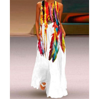 Colorful Feather Print Pocket Decor Maxi Dress - white