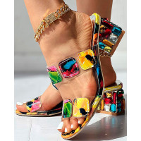 Colorful Geo Applique Chunky Heeled Sandals - Multicolor