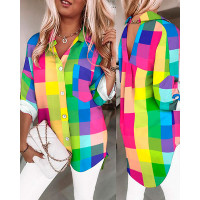 Colorful Plaid Chain Link V-Back Buttoned Casual Shirt - Multicolor