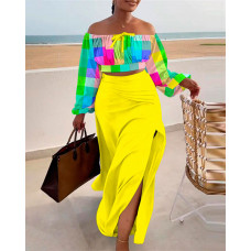 Colorful Plaid Off Shoulder Top & Slit Skirt Set - yellow