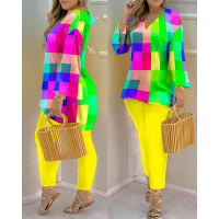 Colorful Plaid Print Bell Sleeve Casual Top & Pants Set - yellow