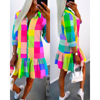 Colorful Plaid Print Buttoned Ruffle Hem Shirt Dress - Multicolor