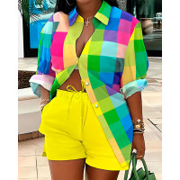 Colorful Plaid Print Buttoned Shirt & Shorts Set - Multicolor