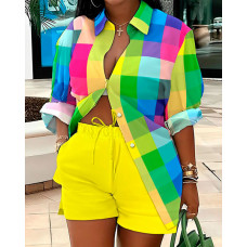 Colorful Plaid Print Buttoned Shirt & Shorts Set - Multicolor