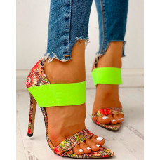 Colorful Print Elastic Bandage Thin Heeled Sandals - orange