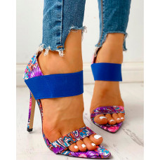 Colorful Print Elastic Bandage Thin Heeled Sandals - purple