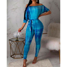 Colorful Print Off Shoulder Belted Jumpsuit - blue