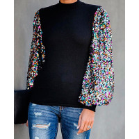 Colorful Sequins Lantern Sleeve Top - black