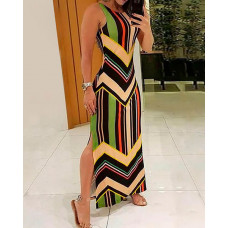 Colorful Striped Print Side Slit Maxi Dress - Multicolor