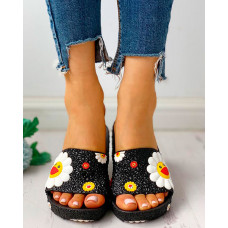 Colorful Sunflower Pattern Casual Sandals - black