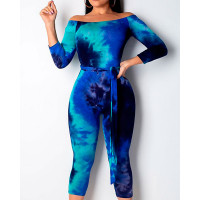 Colorful Tie Dye Off Shoulder Jumpsuit - blue