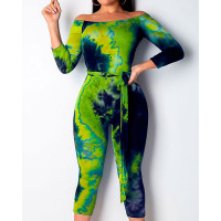 Colorful Tie Dye Off Shoulder Jumpsuit - green