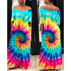 Colorful Tie Dye Print Short Sleeve Maxi Dress - blue