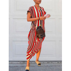 Colorfull Striped Irregular loose Maxi Dress - red