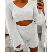 Comfy Fluffy Top & Shorts Homewear Sets - white